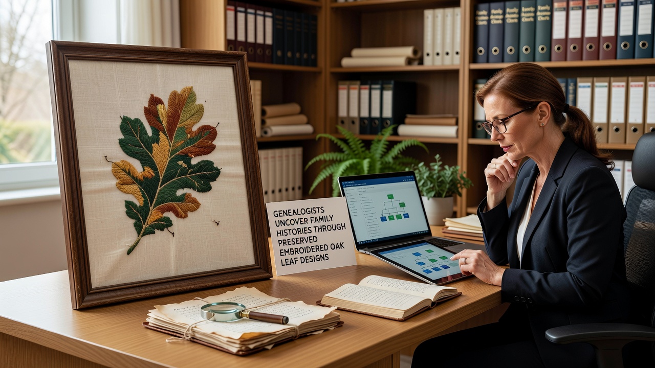Genealogist examining preserved embroidered oak leaf quilt under magnification with reference notes and family tree charts spread nearby