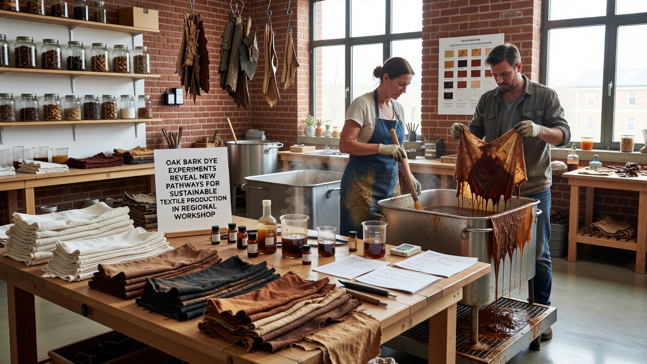 Dried oak bark samples and dyed fabric swatches displayed in a regional textile workshop