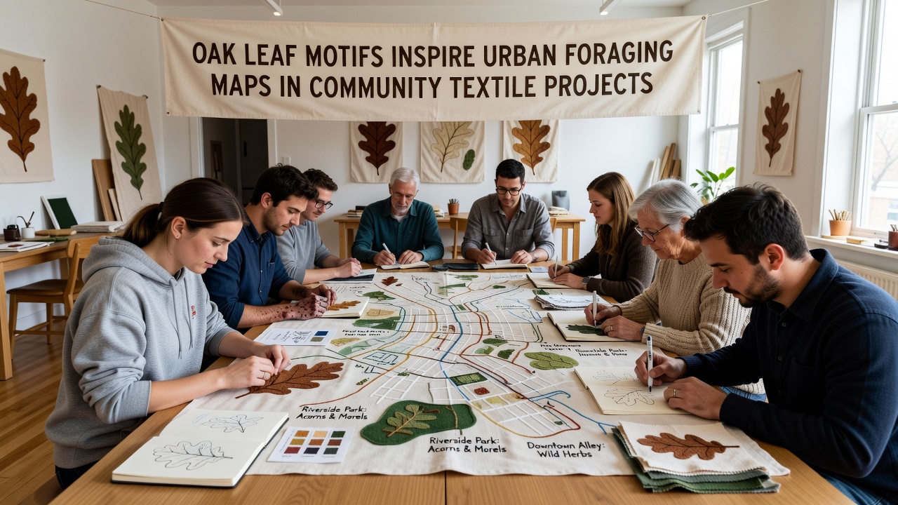 Detailed view of an embroidered urban foraging map featuring multiple oak leaf motifs indicating edible plant locations
